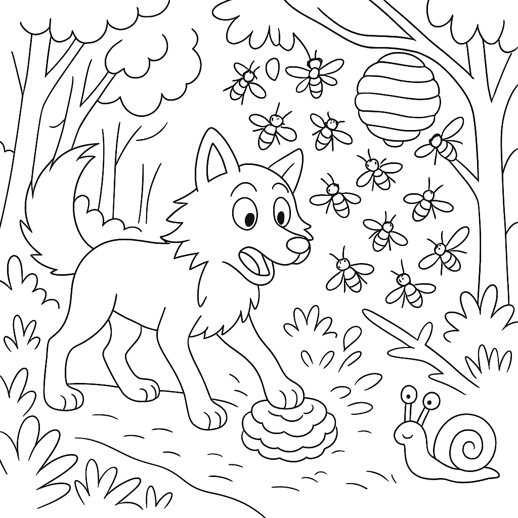 Раскраска по сказке "Волк, улитка и осы"