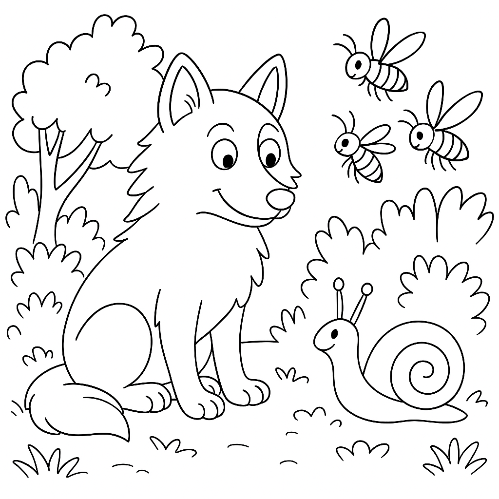 Раскраска по сказке "Волк, улитка и осы"