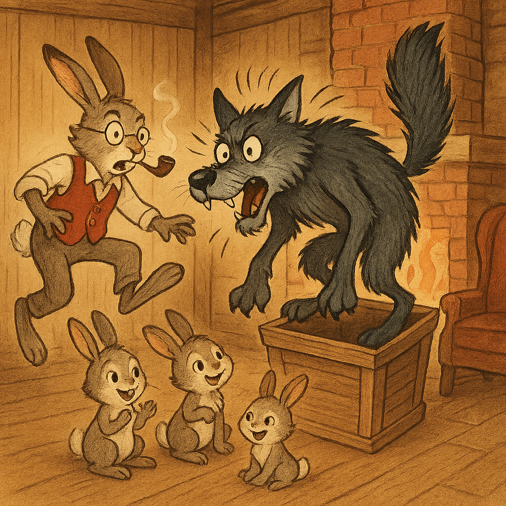 Испуганный Волк выскакивает из ящика Кролик отскакивает в сторону