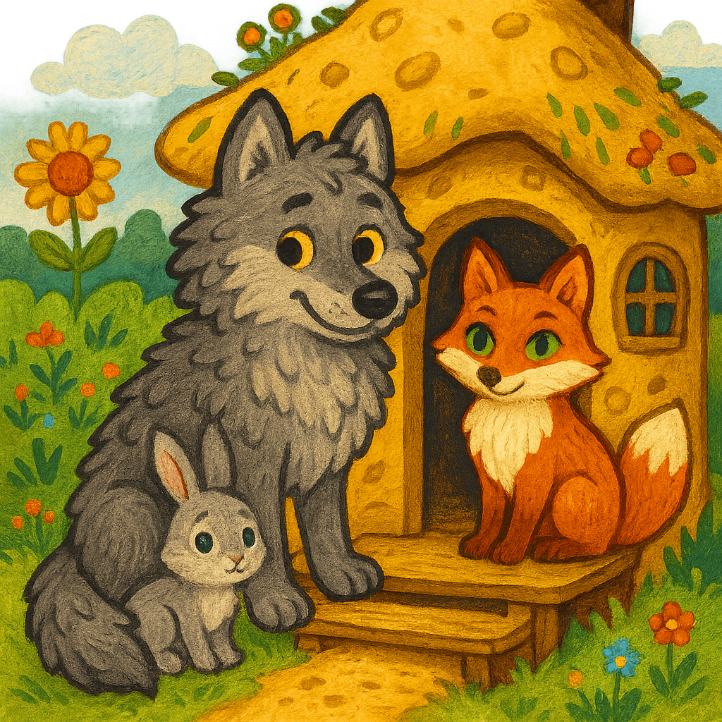Волк требует у лисы покинуть избушку зайца