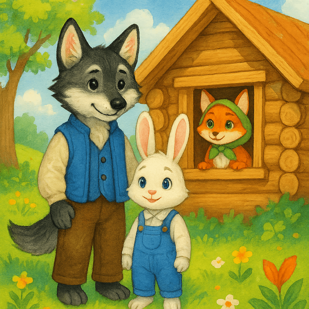 Волк с зайчиком у избушки, лиса с печи угрожает.