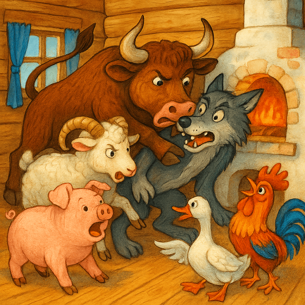 В избушке звери прогоняют волка