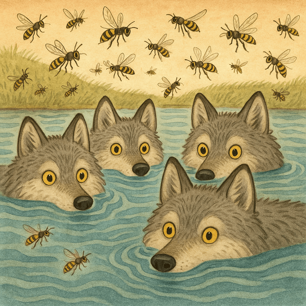 Волки прячутся в реке, осы кружат над водой