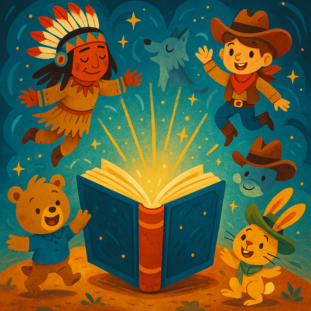 Волшебная книга, вокруг персонажи американского фольклора: индейцы, ковбои, зверята, детский стиль.