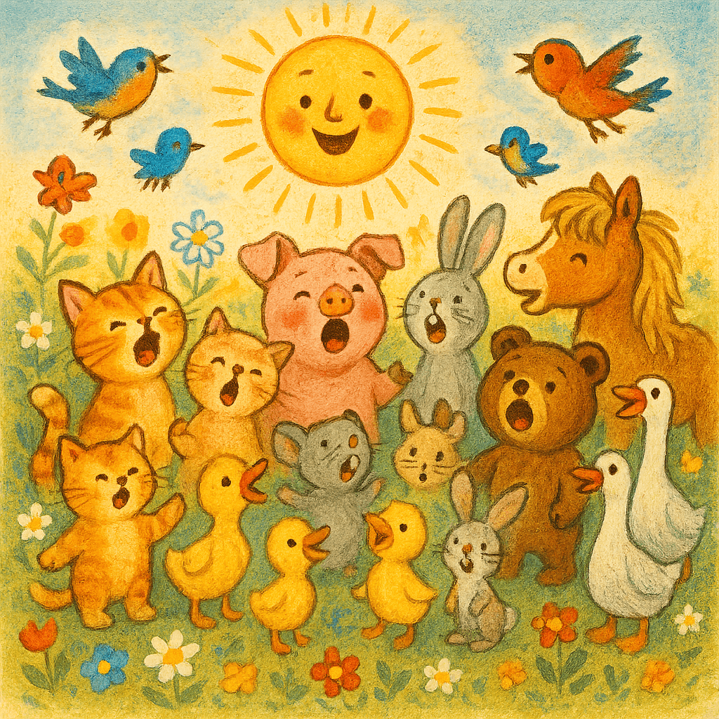 Все зверята вместе поют своими голосами на волшебной поляне.