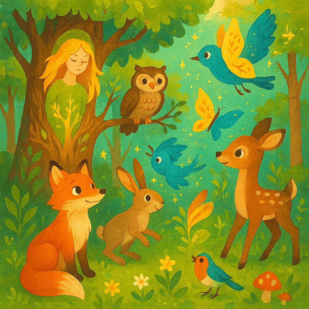 Волшебная природа: лес, деревья, животные и сказочные превращения. Яркая, доброжелательная детская иллюстрация.