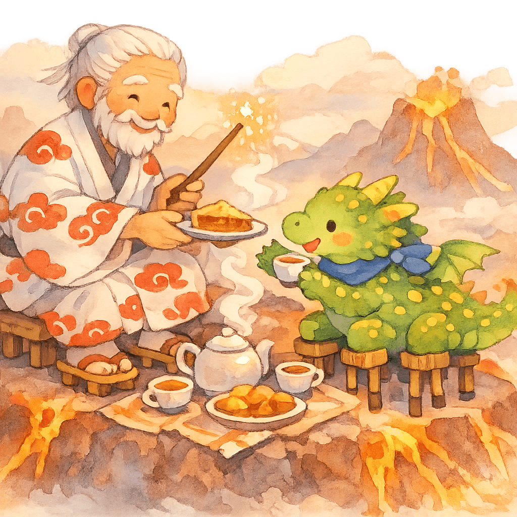 Волшебник Фудзи-сан угощает Эндрью чаем и пирогом