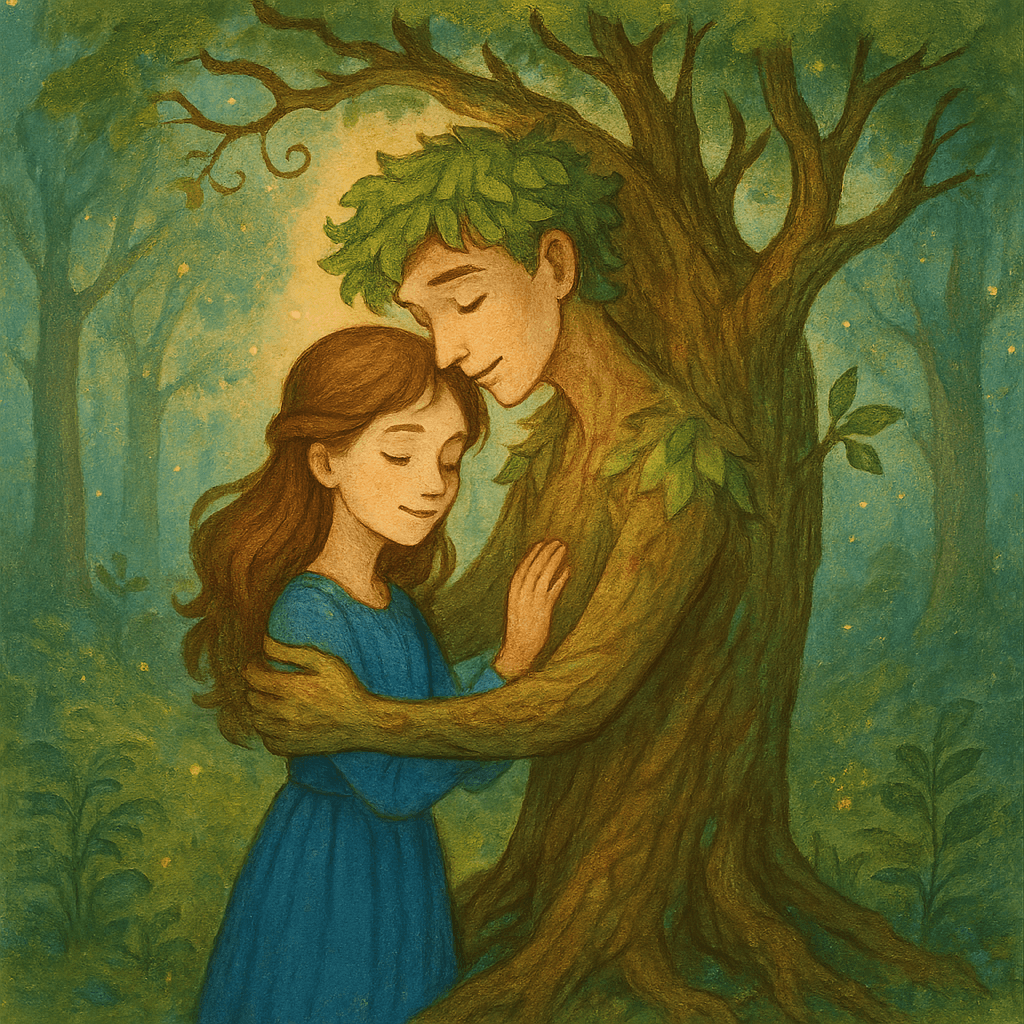 Волшебное дерево превращается в юношу обнимающего девушку.