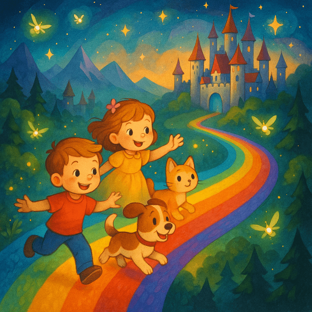 Дети и животные отправляются по радуге в волшебный сказочный мир, вокруг замки, леса и горы. Иллюстрация для обложки подборки.