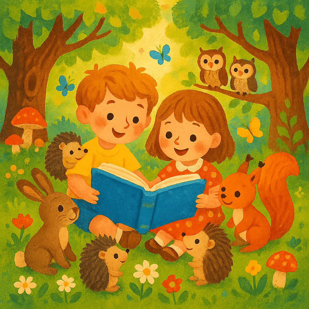 Волшебный лес с детьми и лесными жителями: ежики, белки, зайцы и совята слушают сказку на поляне. Атмосфера уюта и дружбы, детский стиль.