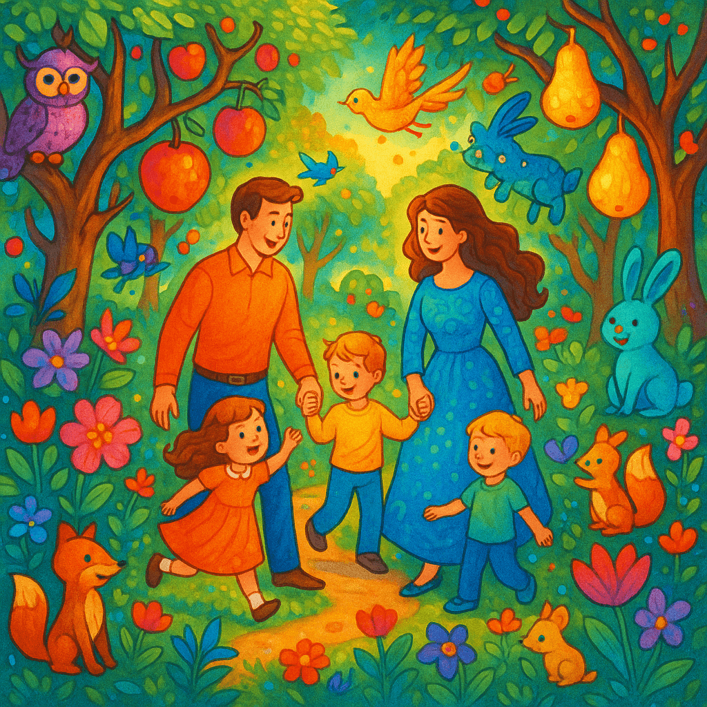 Волшебный лес, наполненный яркими цветами и сказочными существами, где родители ведут своих детей по тропинке приключений. Атмосфера заботы и поддержки в семье, сказочный стиль.