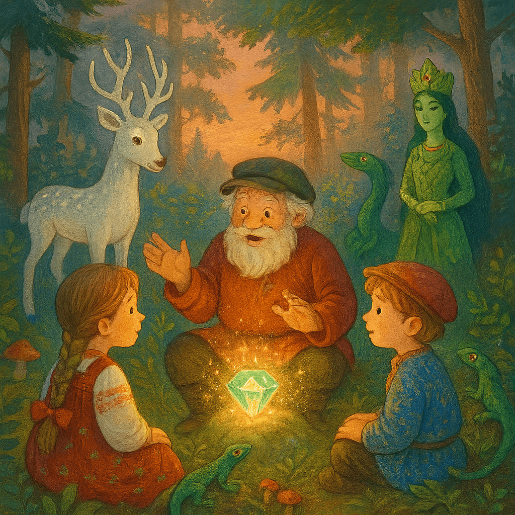 Волшебный уральский лес на рассвете, мальчик и девочка в народных костюмах слушают старого сказочника у сверкающего камня. Вокруг мистические существа из сказов Бажова: Серебряное копытце, Хозяйка Медной горы, ящерки с изумрудными глазами. Детский стиль.