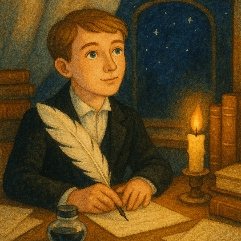 Поэт у стола чувствует вдохновение, в воображении рождается музыка и слова