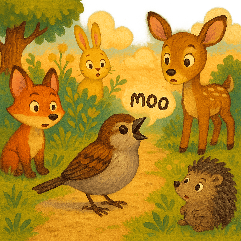 Воробей мычит, как корова, а зверята удивляются.