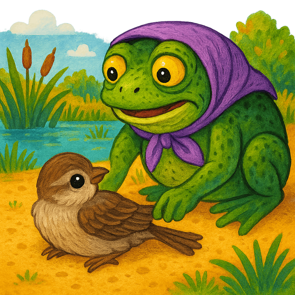 Воробей и лягушка на болоте.