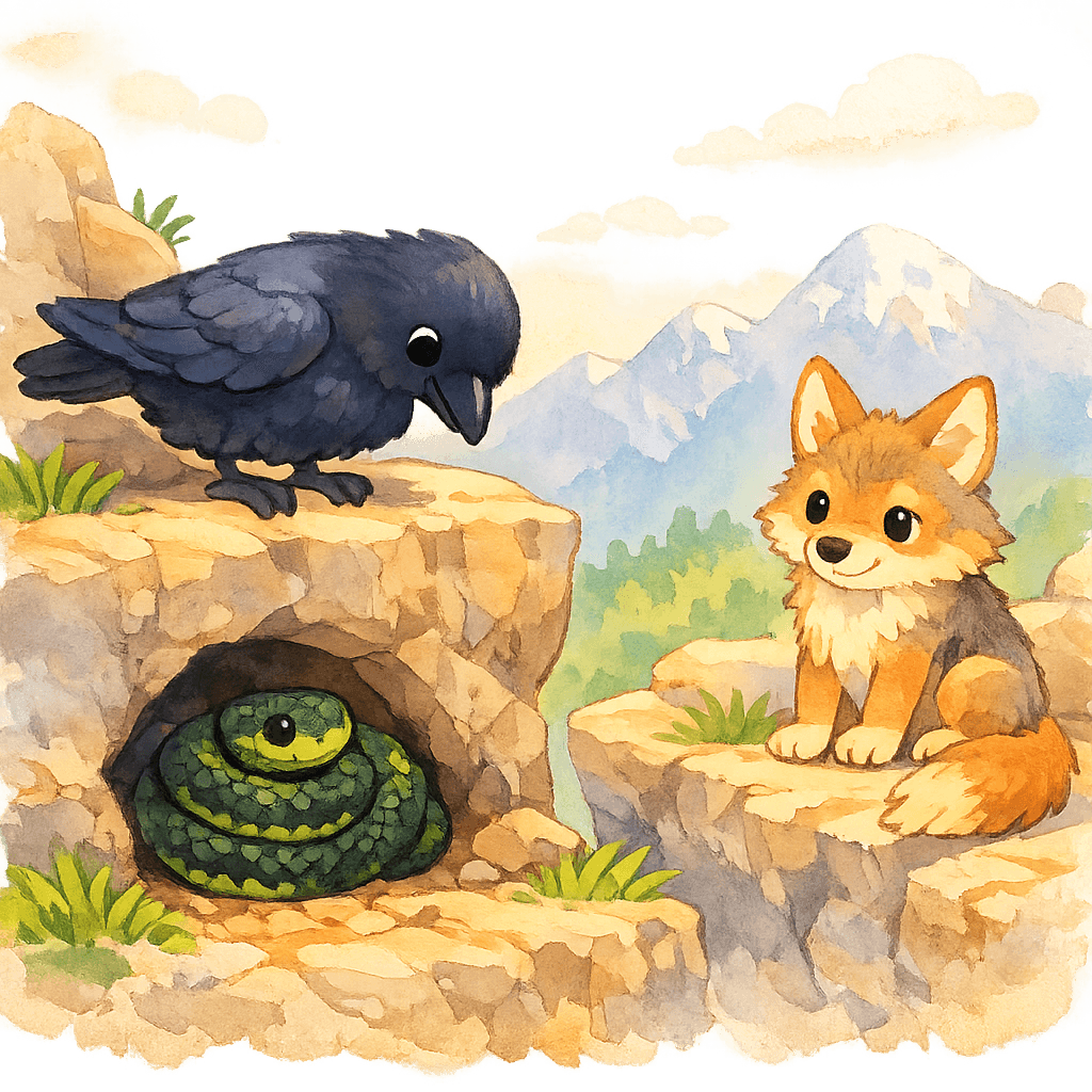 Ворона и шакал на скале, а ниже у норы свернулась змея