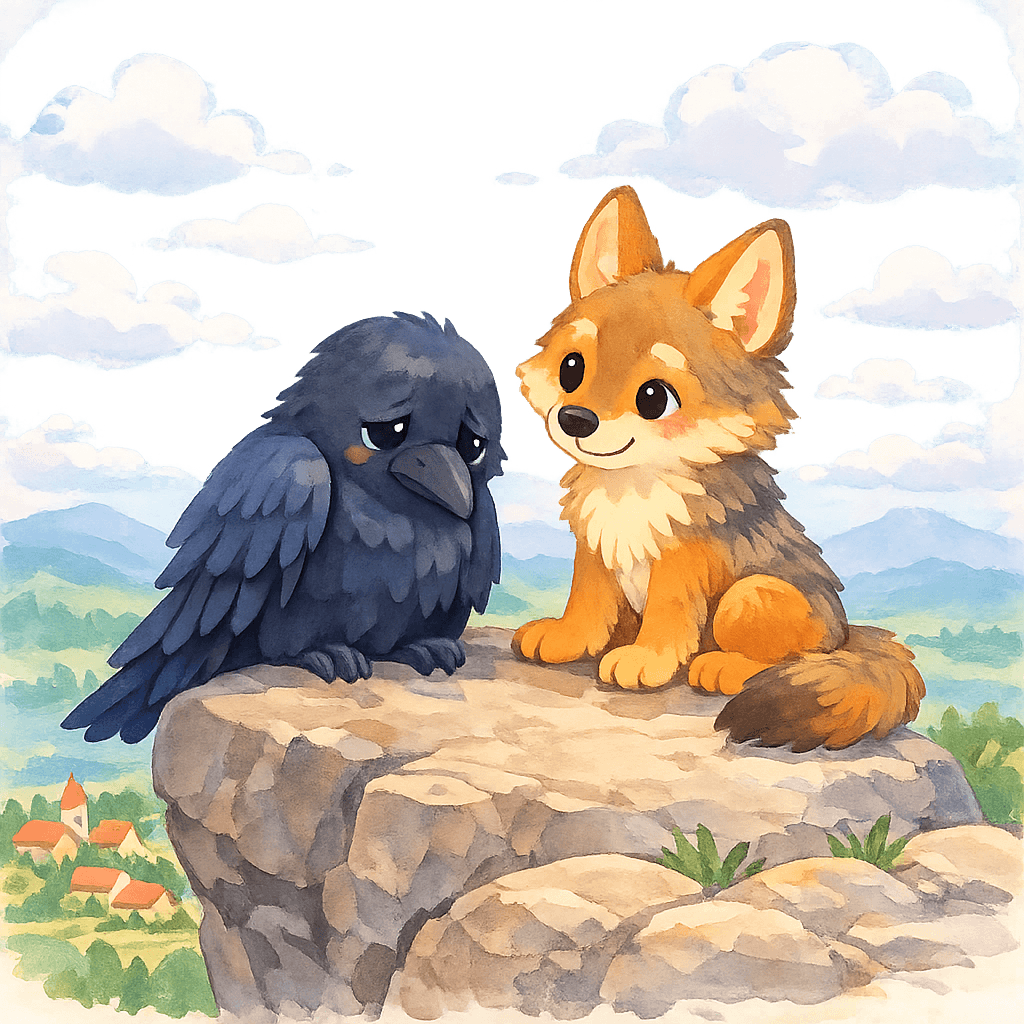 Ворона делится бедой с шакалом на скале