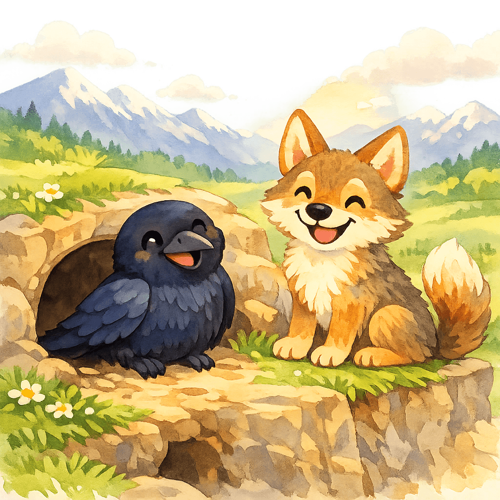 Ворона и шакал счастливо смотрят вдаль на скале под солнцем