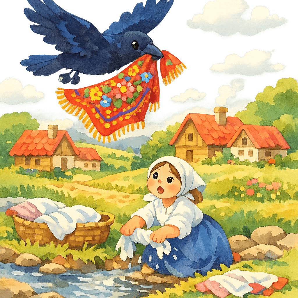 Ворона уносит платок, а женщина удивлённо смотрит вверх