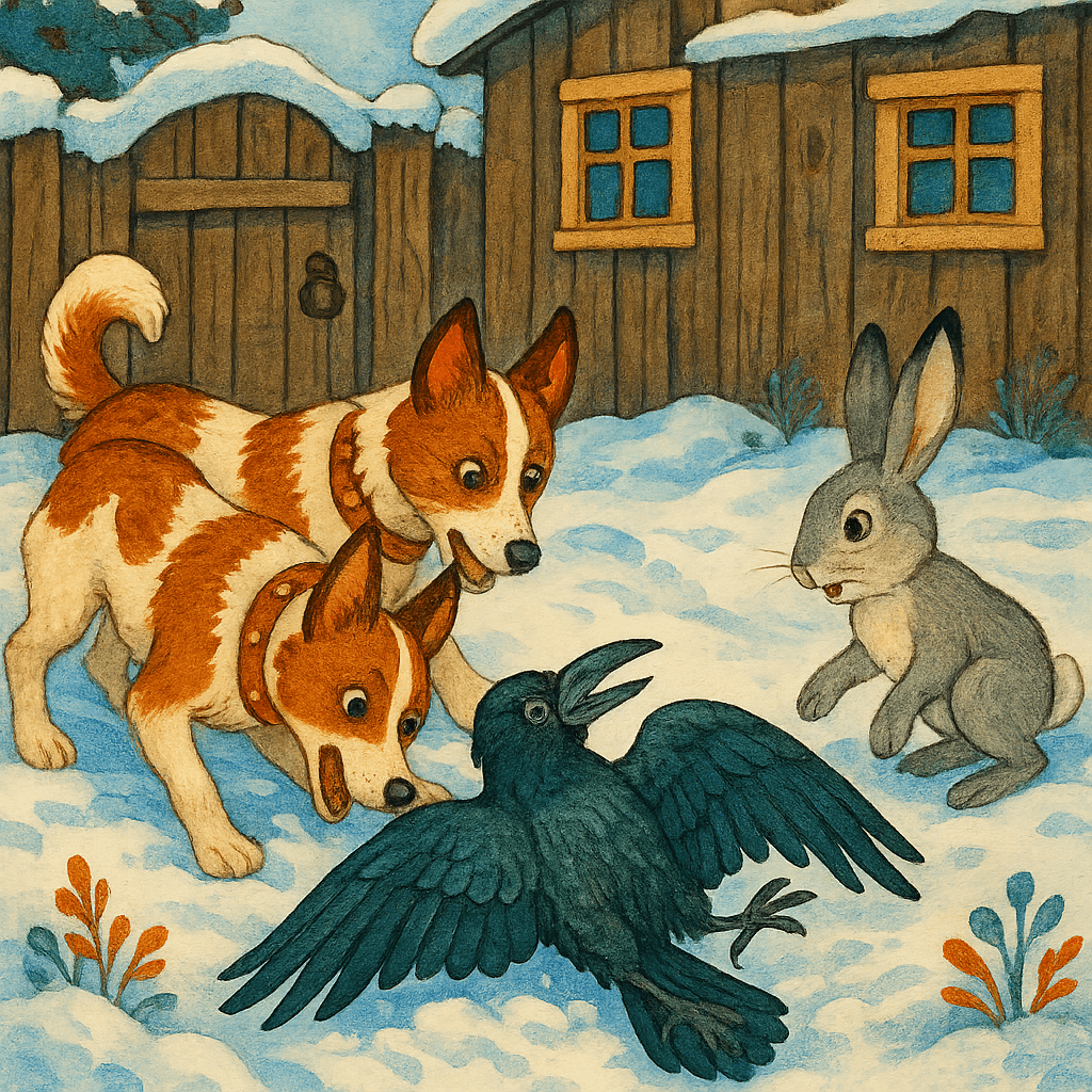 Ворона под лапами собак, храбрый заяц выбегает навстречу