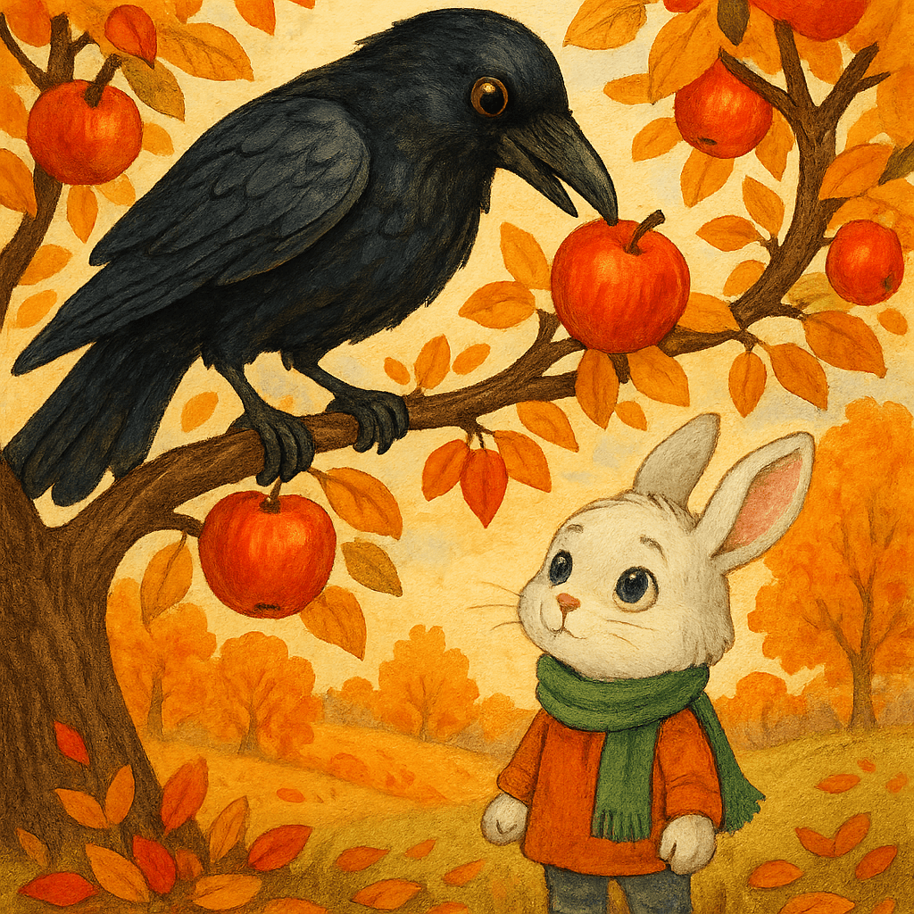 Ворона собирается сорвать яблоко, а под деревом ждёт заяц