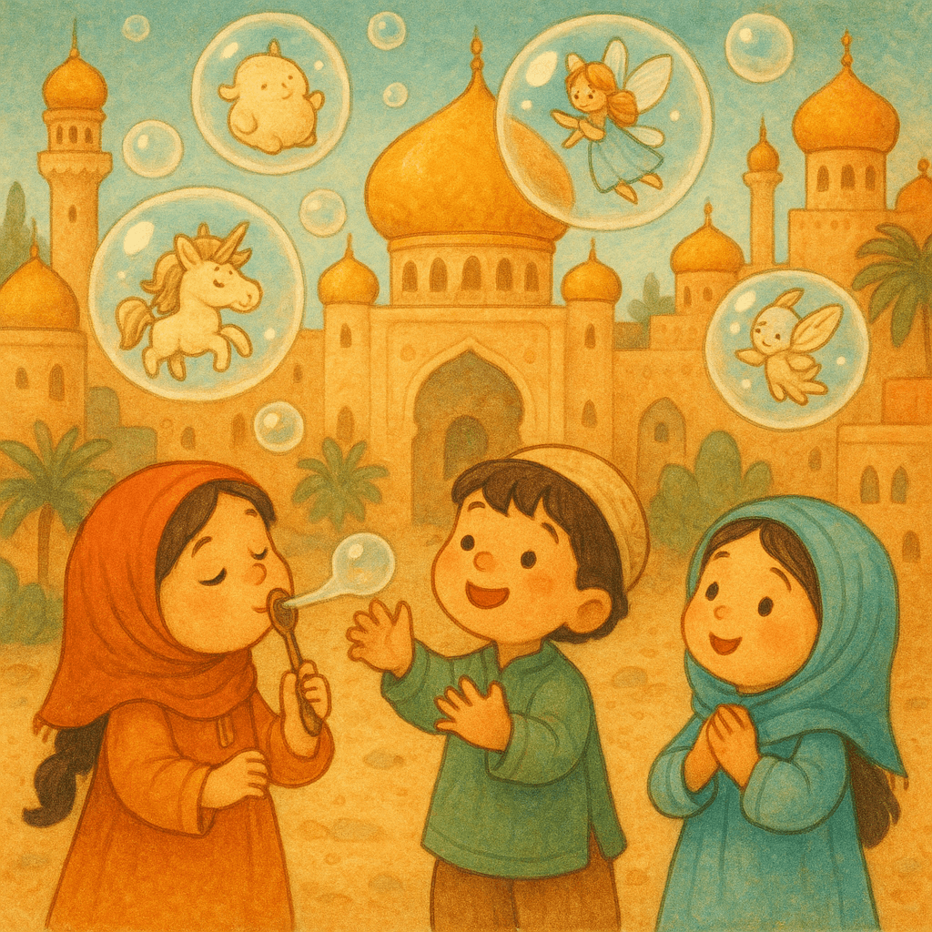Восточный город с золотыми куполами, дети пускают мыльные пузыри с волшебными существами внутри, мягкий восточный детский стиль.