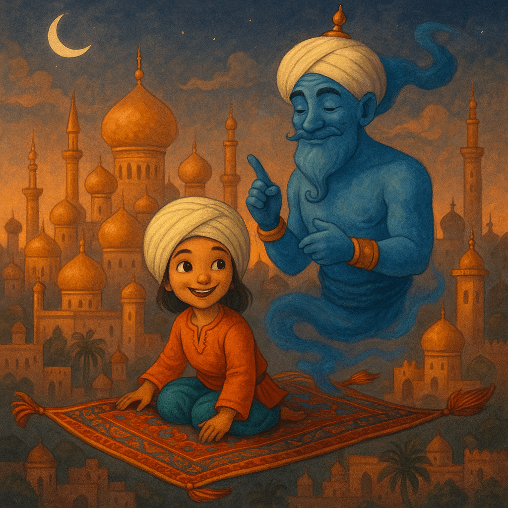 Восточный город, золотые купола, летающий ковёр, джинн, девочка в тюрбане, восточный детский стиль.