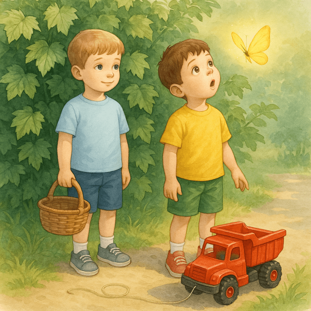 Жёлтая бабочка отвлекает Сашу у кустов смородины