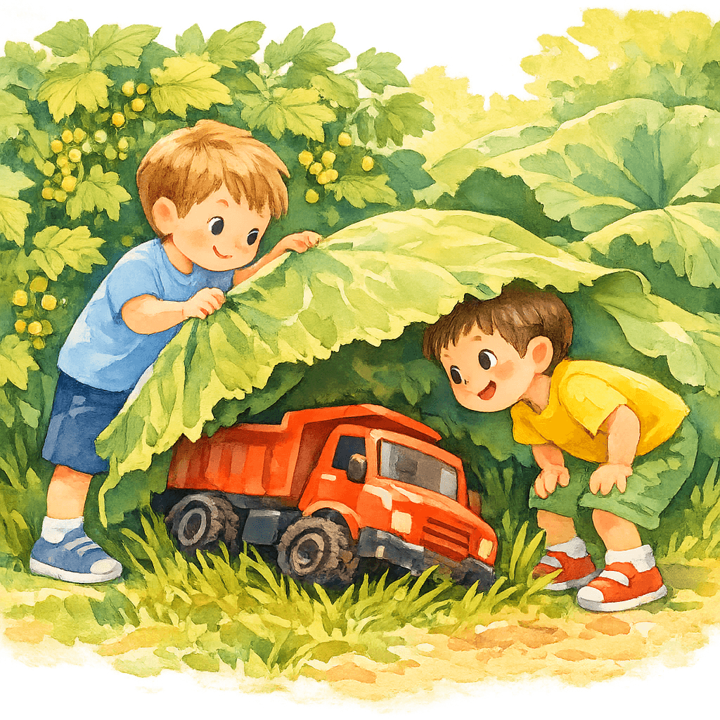 Миша приподнимает лопух, и под ним находится красный грузовик