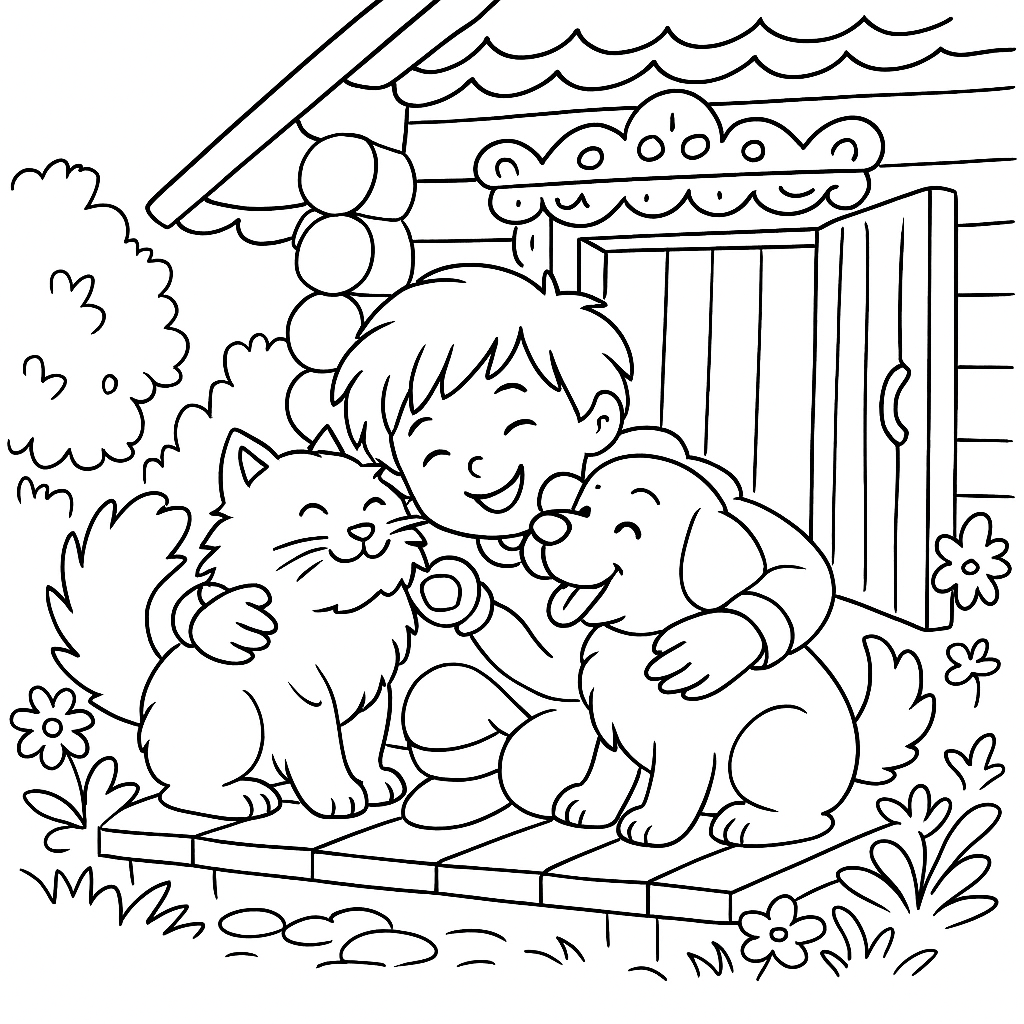 Раскраска по сказке "Змей, кошечка и пес"