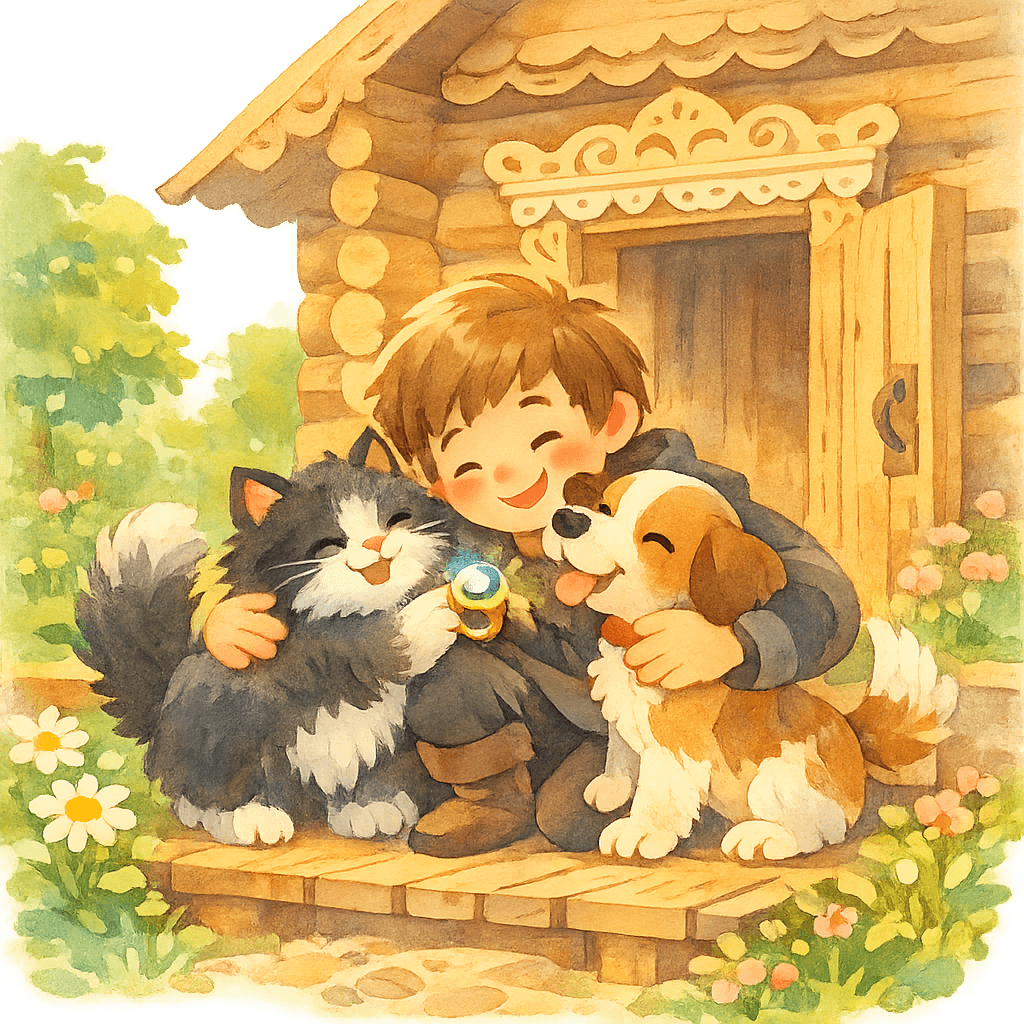 Кошка и собачка возвращают перстень Янику, все обнимаются у избушки