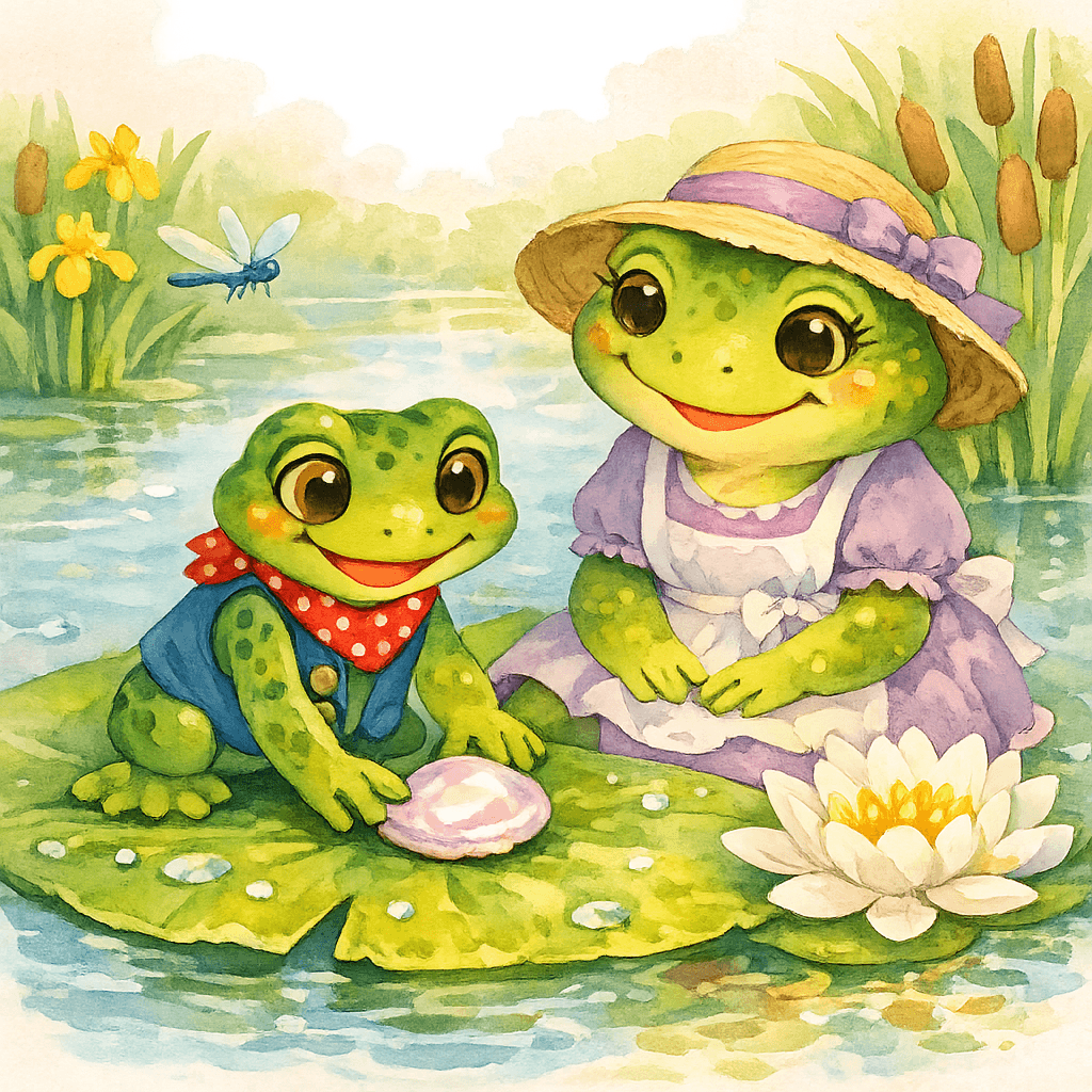 Ква возвращается к маме и показывает блестящую ракушку