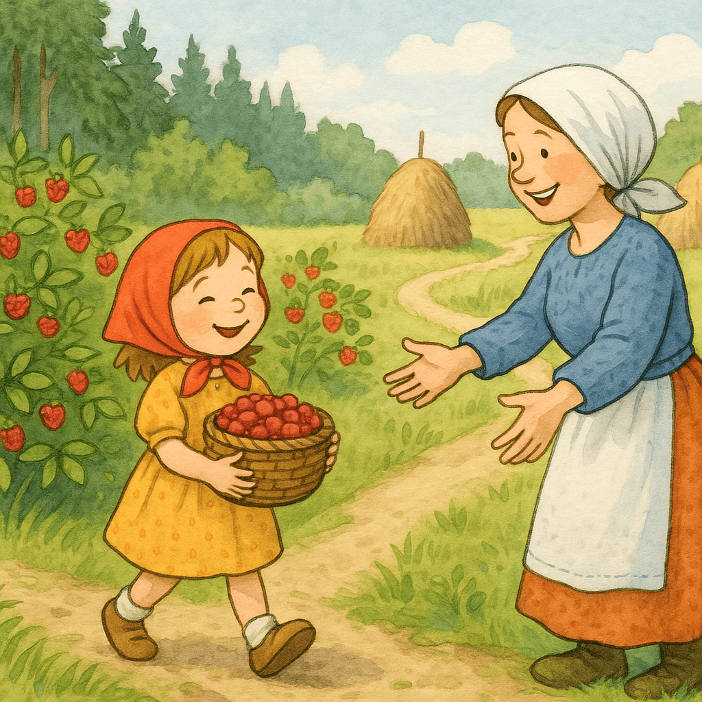 Аришка возвращается с полным лукошком малины