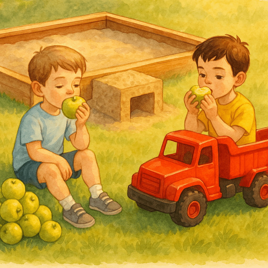 В песочнице мальчики едят яблоки, а для грузовика построен песочный гараж