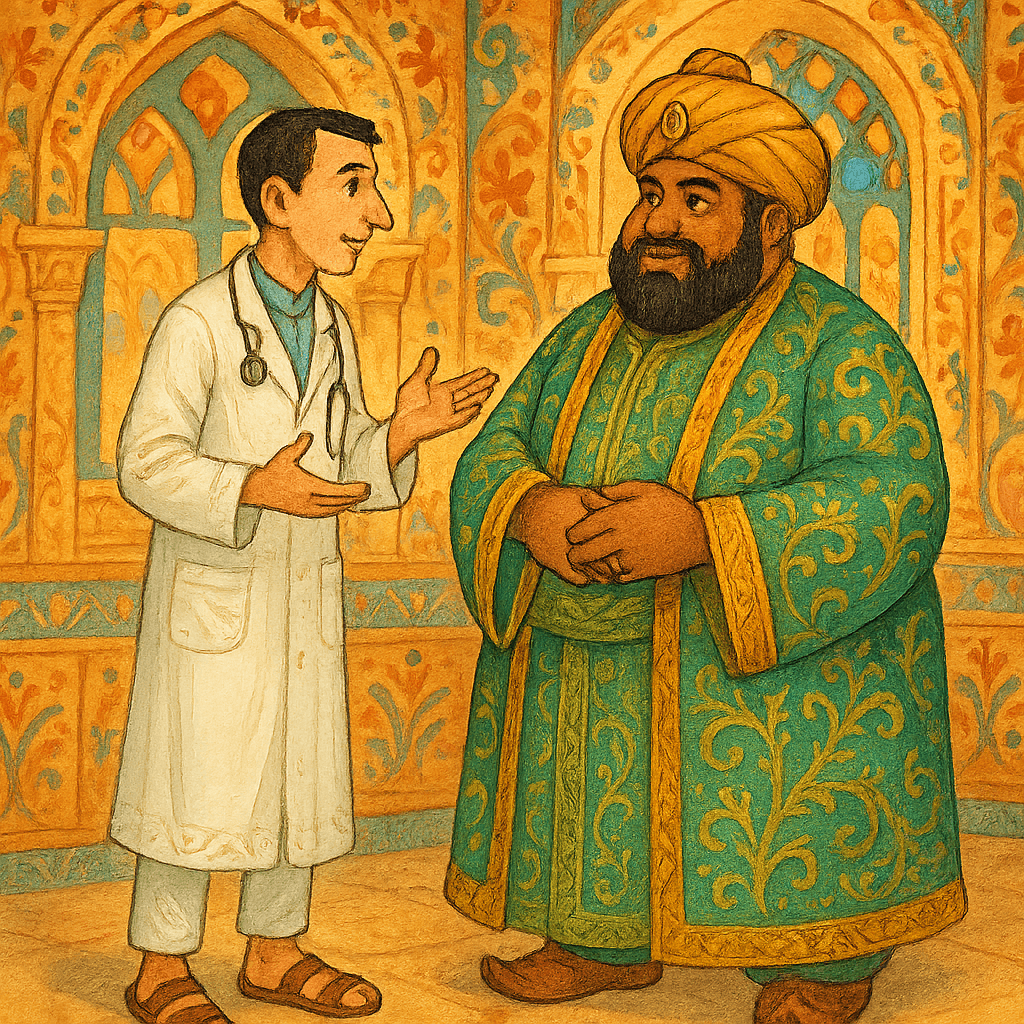 Врач беседует с шахом в роскошном зале