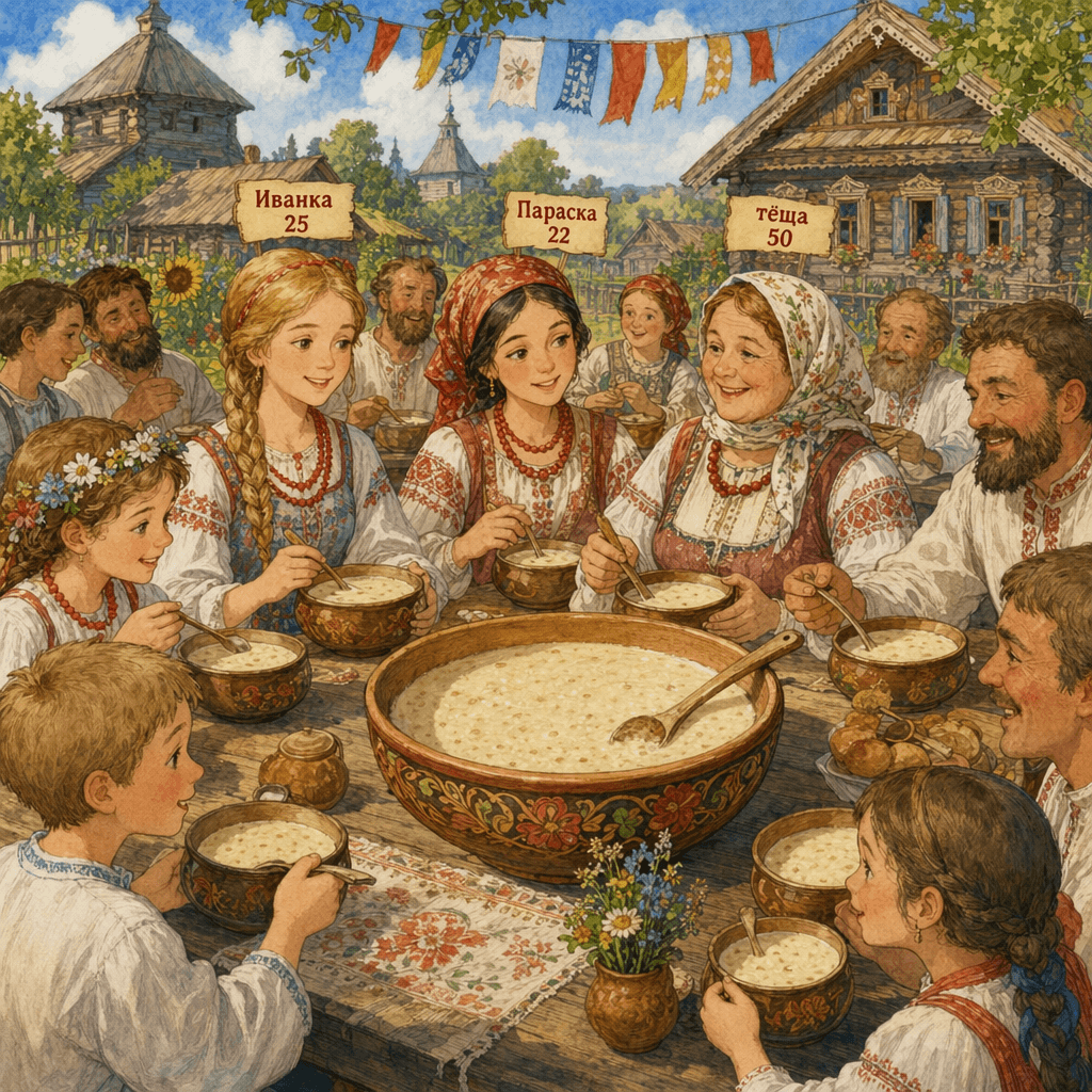 Все едят кисель за большим столом на празднике