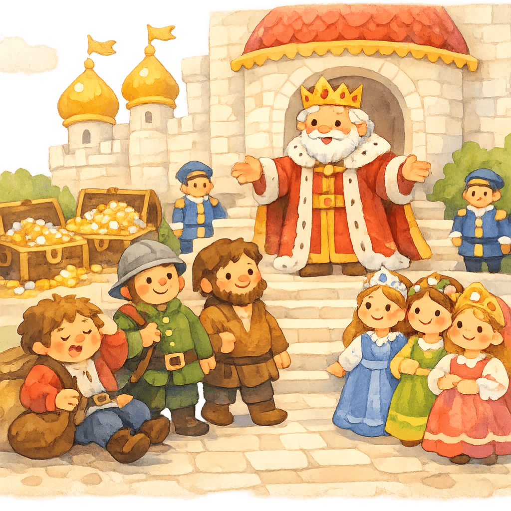 Герои возвращаются в царский дворец, Фролка наполняет треуху серебром