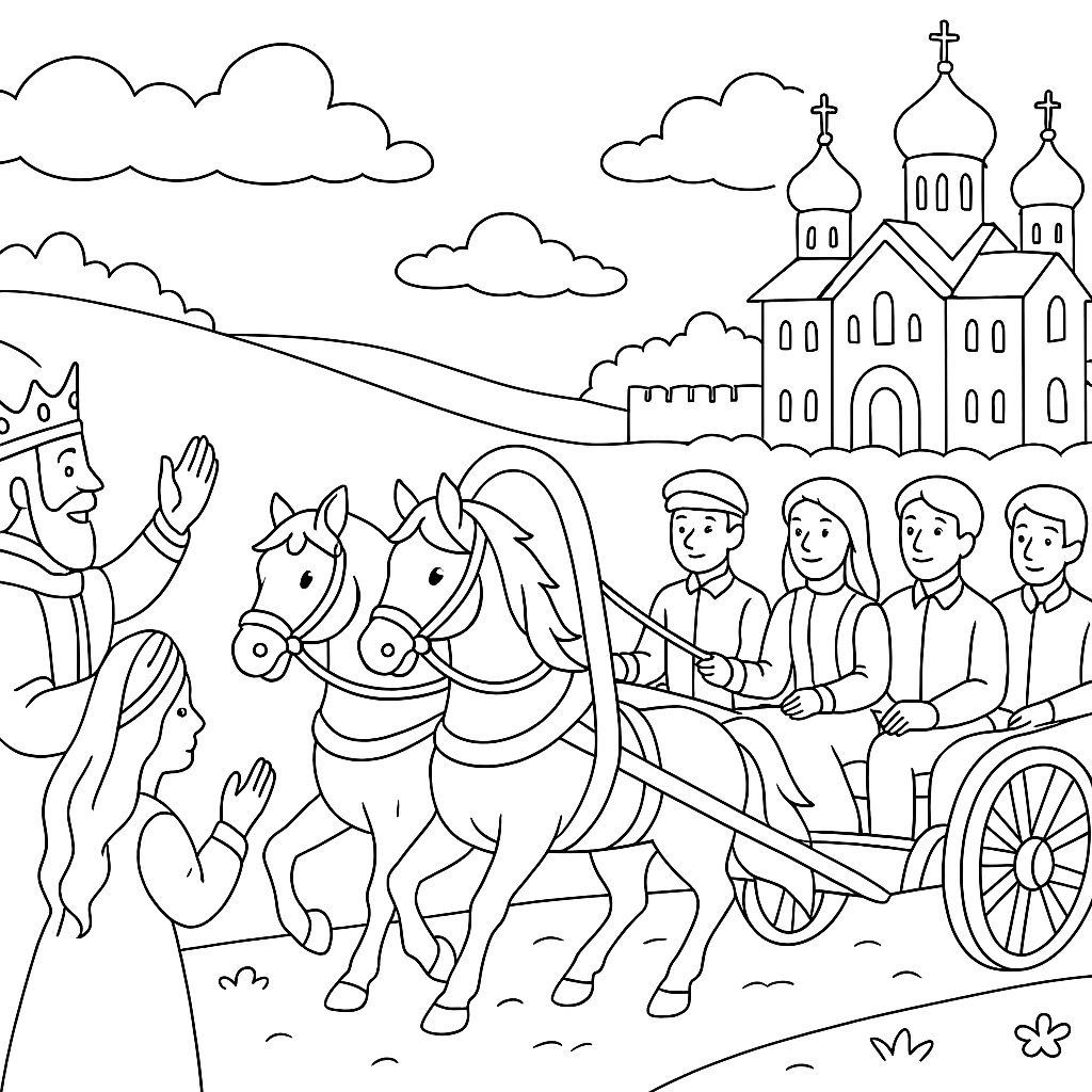 Раскраска по сказке "Берёза и три сокола"