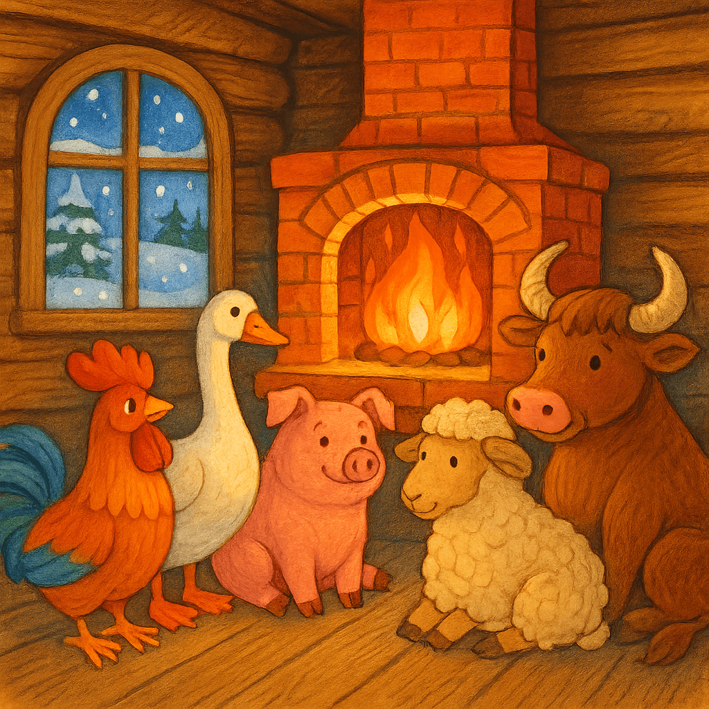 Петух, гусь, свинья, баран и бык греются у печки в избушке