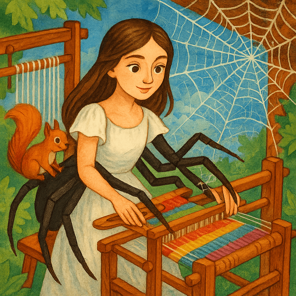 Вторая дочь превращается в паука за ткацким станком.