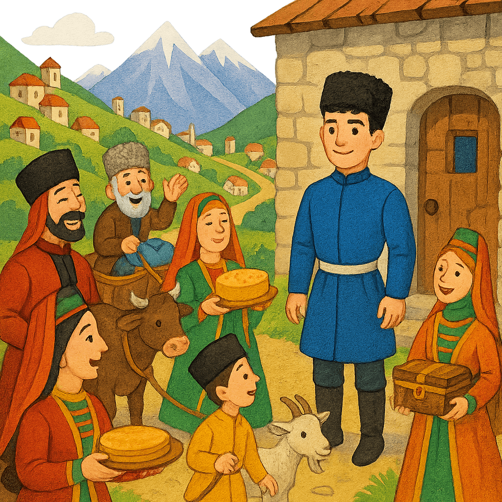 Друзья приезжают к дому джигита и приносят подарки