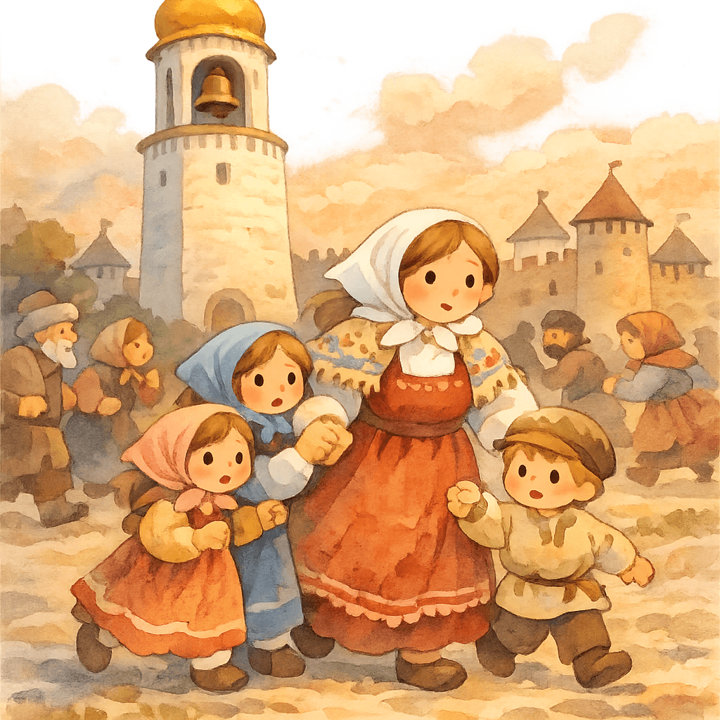 Город, в котором звучит тревожный набат, горожане бегут к домам