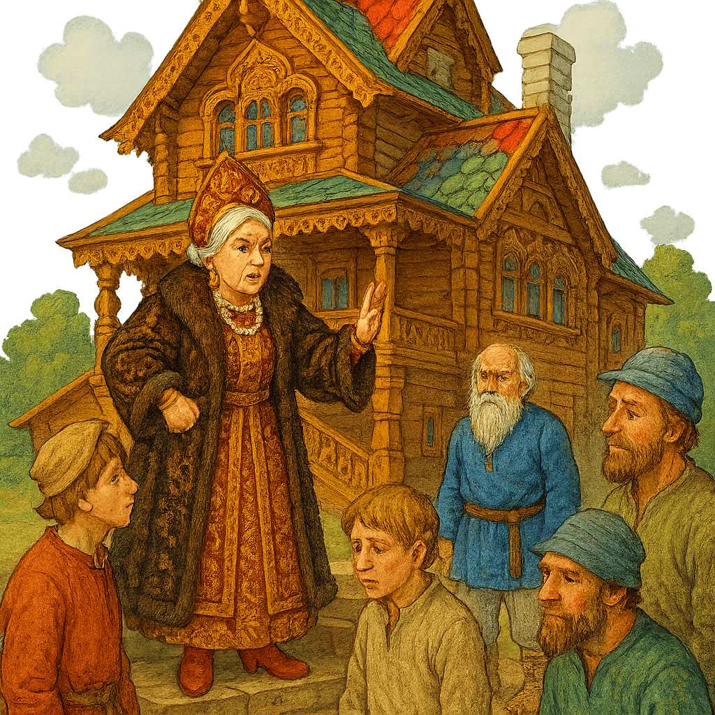 Старуха стала дворянкой и командует слугами у терема.