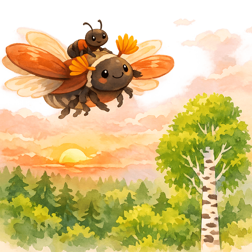 Жук долетает до вершины берёзы над муравейником, солнце садится.