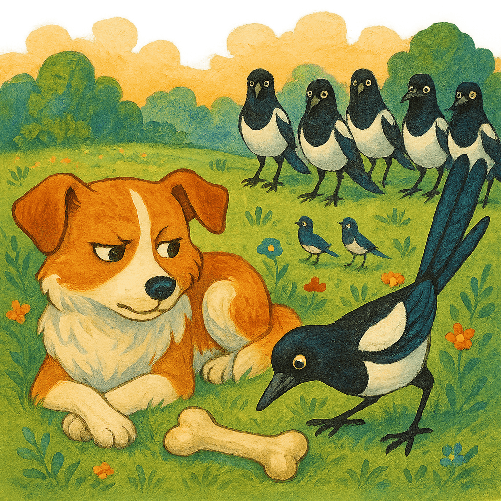 Вьюшка наблюдает за дерзкой сорокой, остальные сороки позади