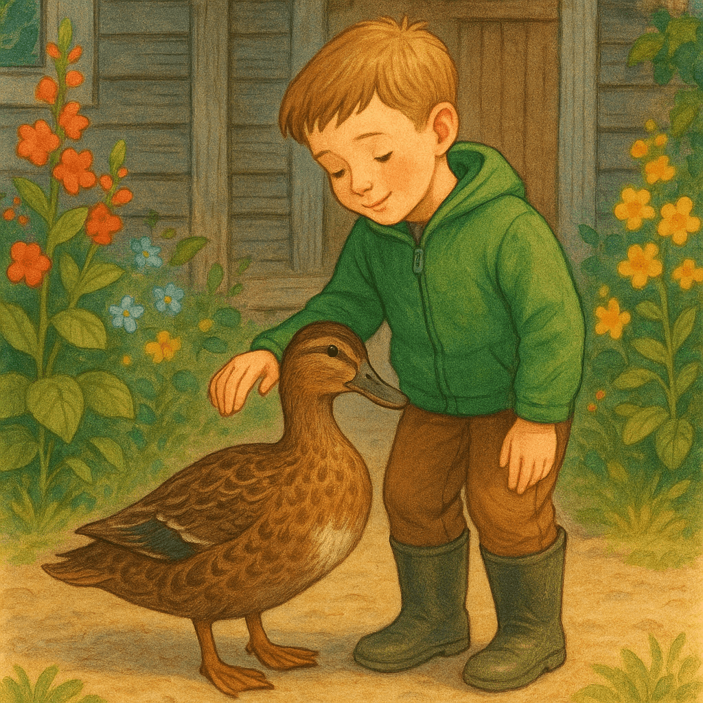 Мальчик гладит взрослую утку Хромку во дворе