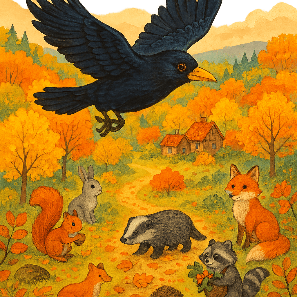 Ворон летит над осенним лесом, а лесные жители готовятся к наступлению осени и скорой зиме