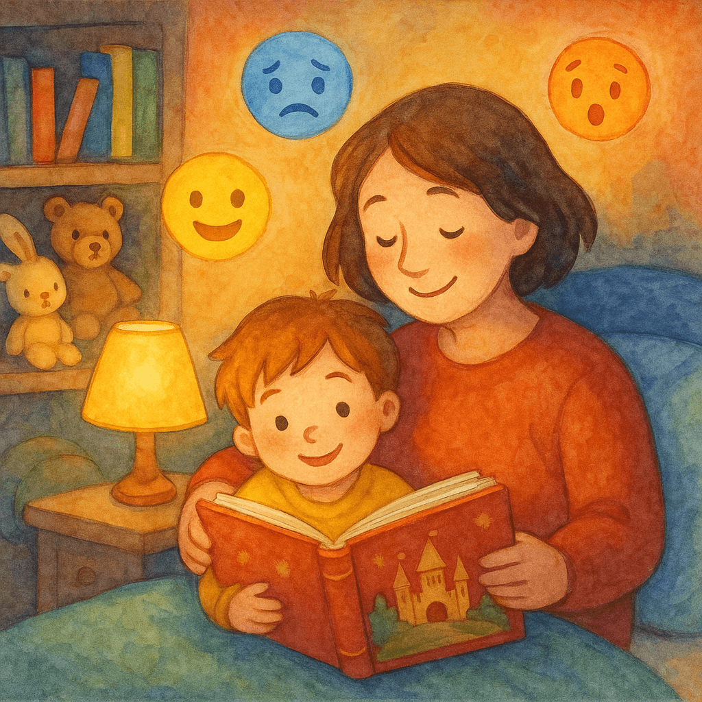 Родитель читает сказку ребёнку при мягком свете лампы — тёплая обложка к статье о развитии эмоционального интеллекта через сказки