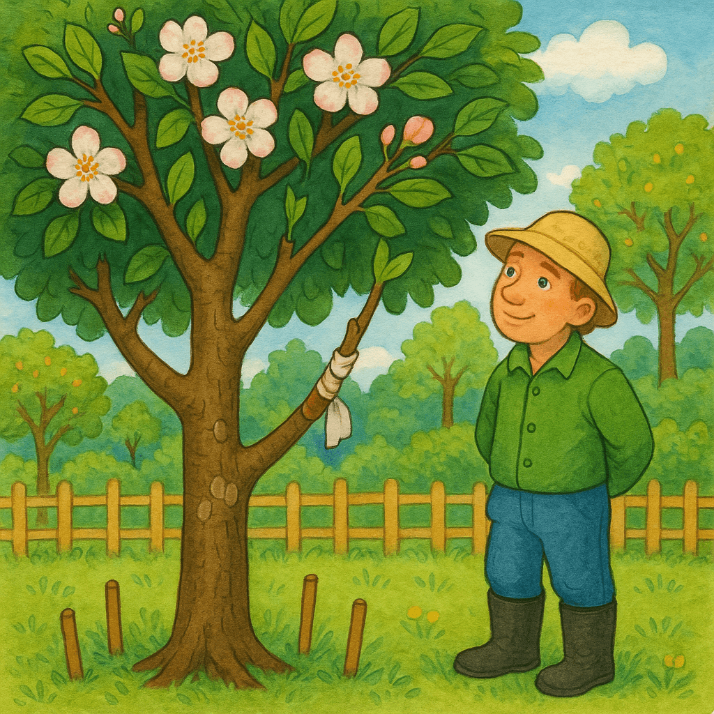 Яблоня с бело-розовыми цветами и садовник наблюдает за ней.