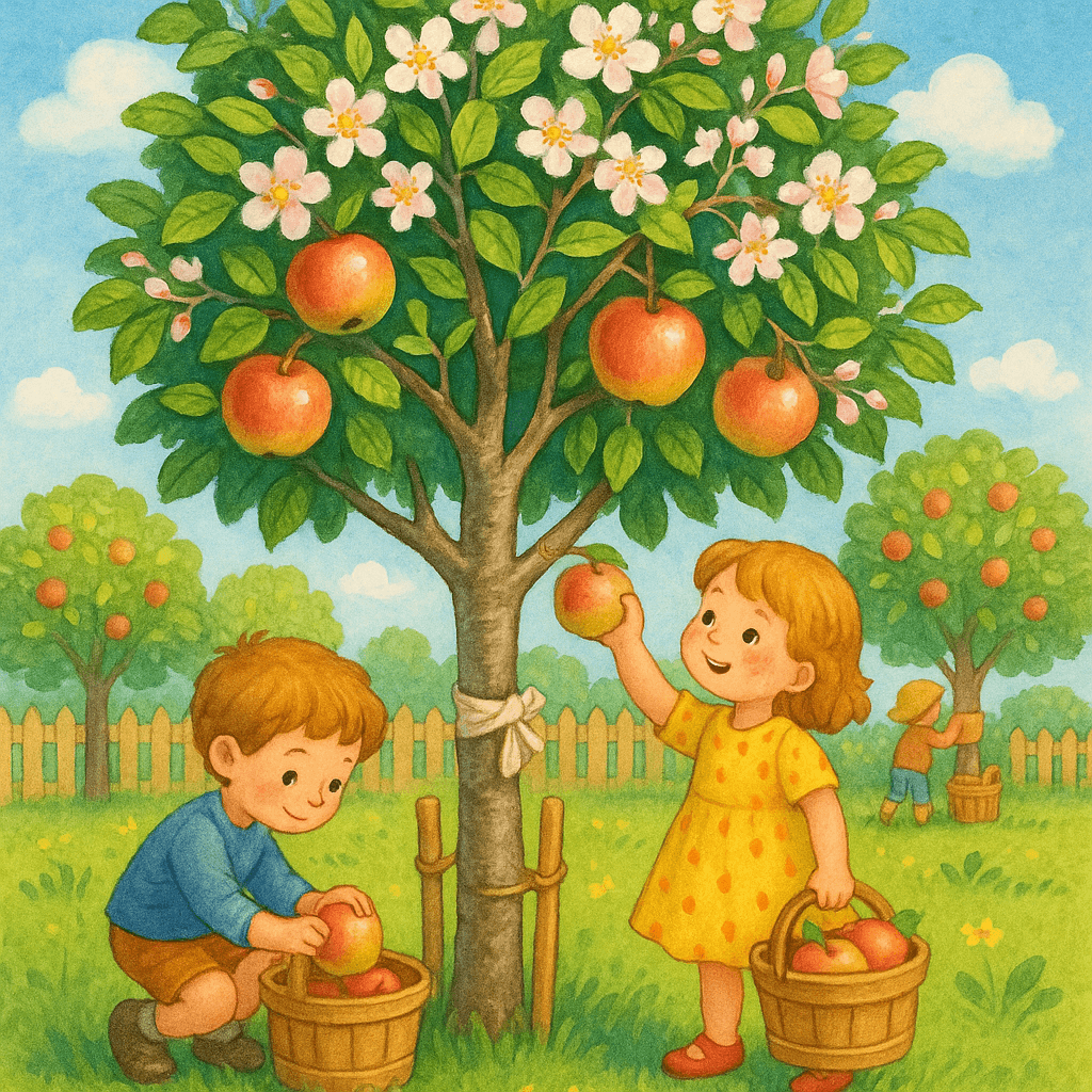 Яблоня с крупными румяными яблоками и дети собирают яблоки.